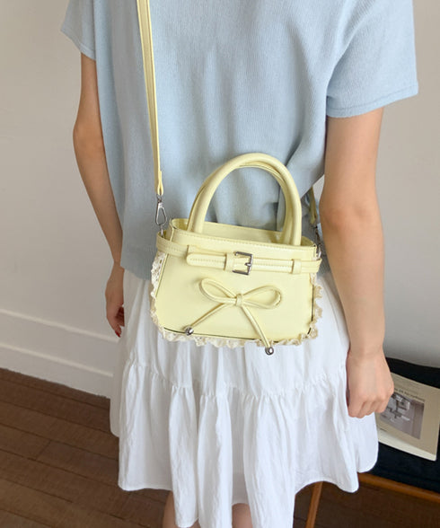 ショルダーバッグ 小さめ フェイクレザー ハンドバッグ スクエア 2way 肩掛けバッグ リボンデザイン 大人かわいい手提げ鞄 レース 斜め掛けカバン フェミニン 77YUEL-002